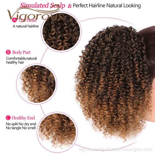Vigorous Wholesale Cheap Ombre Brown Kinky Curly High Temperature Fiber Fluffy Drawstring Synthetic Ponytail Hair Extension